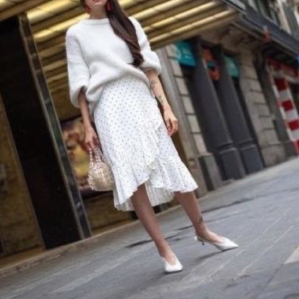 silk, white with black polka dot midi skirt